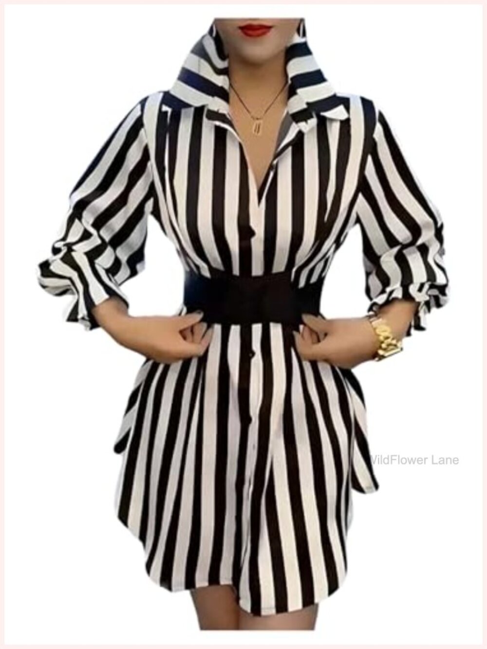 Women's Striped Long Sleeve Button Down Blouse with Belt Collared Shirt